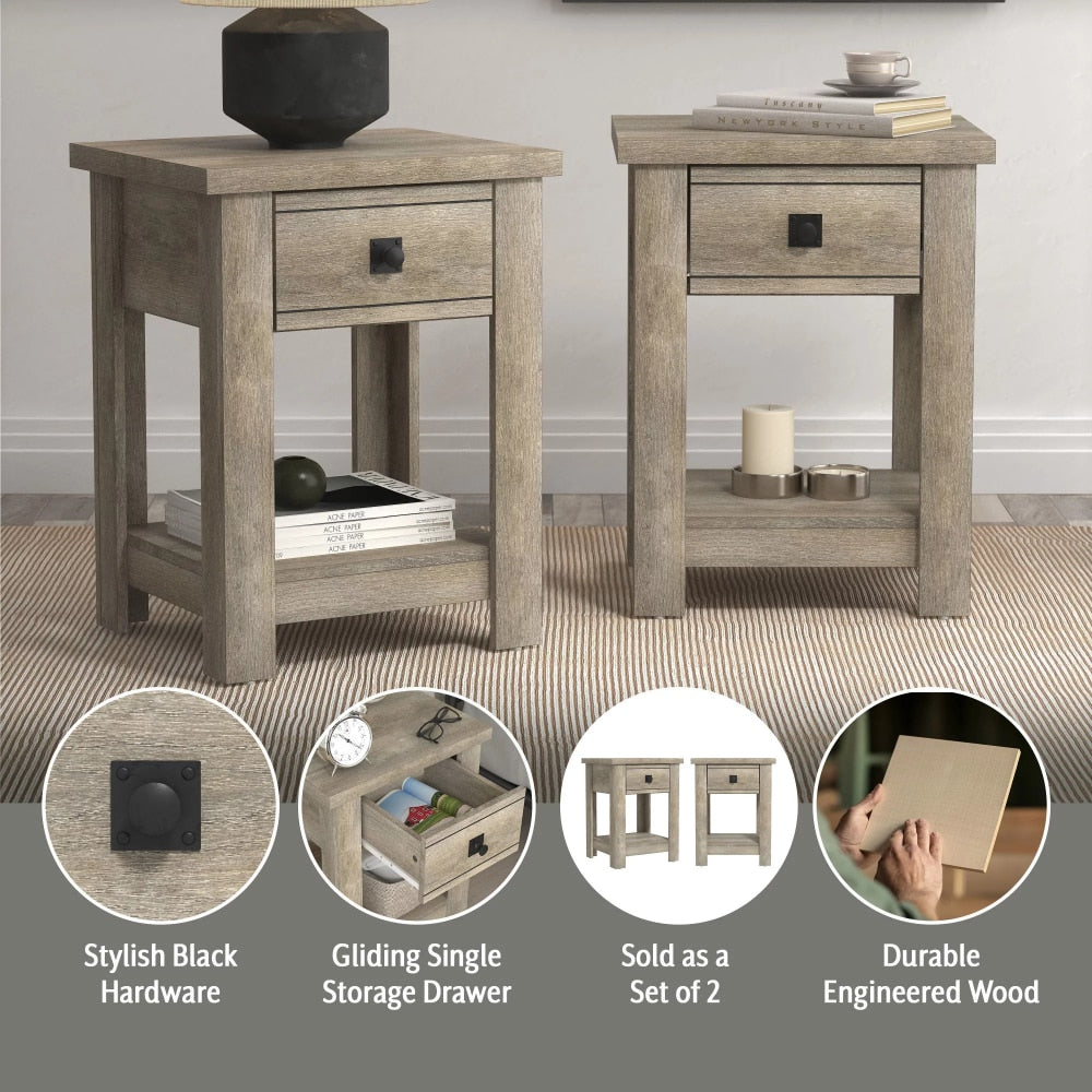 Dagrun - Modern Farmhouse 1 Drawer Nightstand Set of 2 Bedside Table