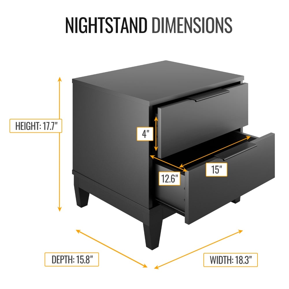 Torvald - Modern Double Drawer Black Nightstand Small Bedside Table